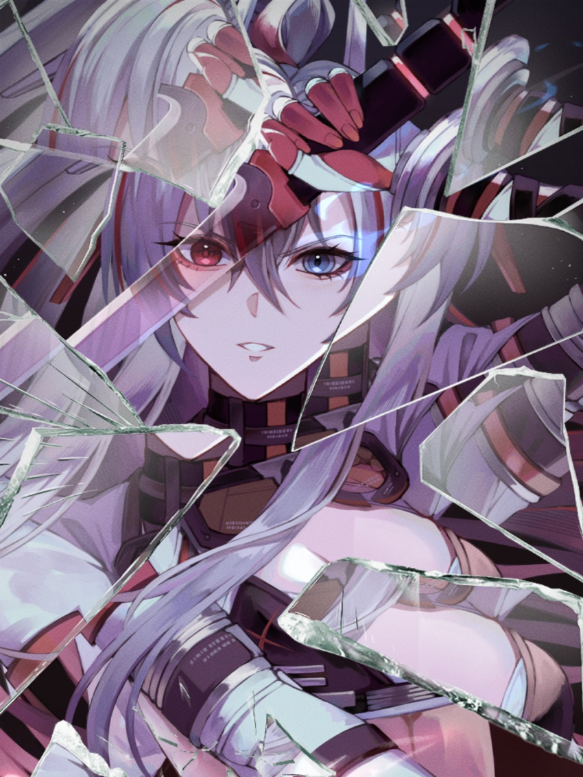 alpha_(punishing:_gray_raven) black_bra blue_eyes bra broken_glass crossed_bangs eyewear_around_neck glass grey_hair hair_between_eyes heterochromia highres holding holding_sword holding_weapon jacket lucia:_crimson_weave_(punishing:_gray_raven) multicolored_hair open_clothes open_jacket open_mouth punishing:_gray_raven red_eyes red_hair sidelocks sports_bra streaked_hair sword toi_pngr underwear weapon white_jacket