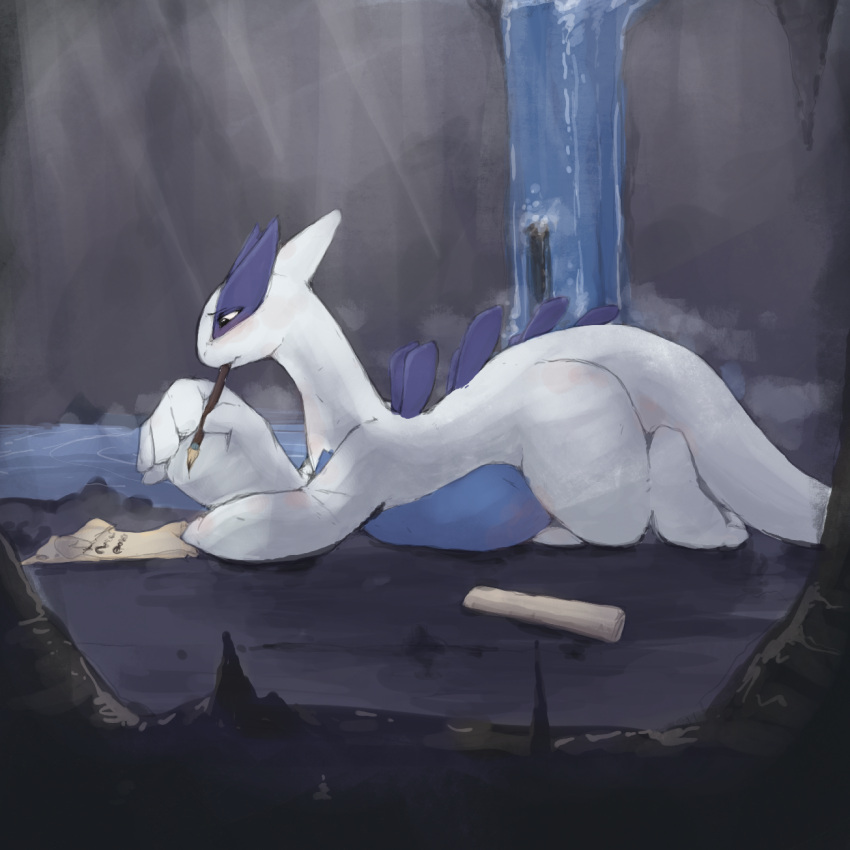 ambiguous_gender belly blue_belly bodily_fluids cave circa crossed_legs detailed_background feral generation_2_pokemon hi_res legendary_pokemon lugia lying lying_on_ground nintendo on_front parchment pokemon pokemon_(species) saliva slightly_chubby solo tail waterfall white_body writing_utensil