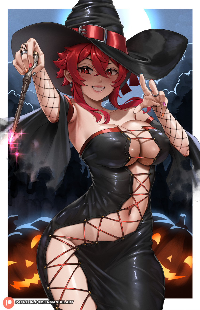 1girl absurdres aizawa_tomo armpits black_dress black_headwear black_nails breasts cloud cloudy_sky collarbone commentary covered_nipples crossed_bangs detached_sleeves dress english_commentary enma_(enmanuelart) fishnets foreshortening grin hair_between_eyes hat highres holding holding_wand jack-o'-lantern jewelry large_breasts looking_at_viewer moon multicolored_nails nail_polish navel night night_sky no_bra outdoors patreon_logo patreon_username purple_nails red_eyes red_hair red_nails ring short_hair_with_long_locks sidelocks sky smile solo strapless strapless_dress thighs tomo-chan_wa_onna_no_ko wand web_address wide_sleeves witch_hat