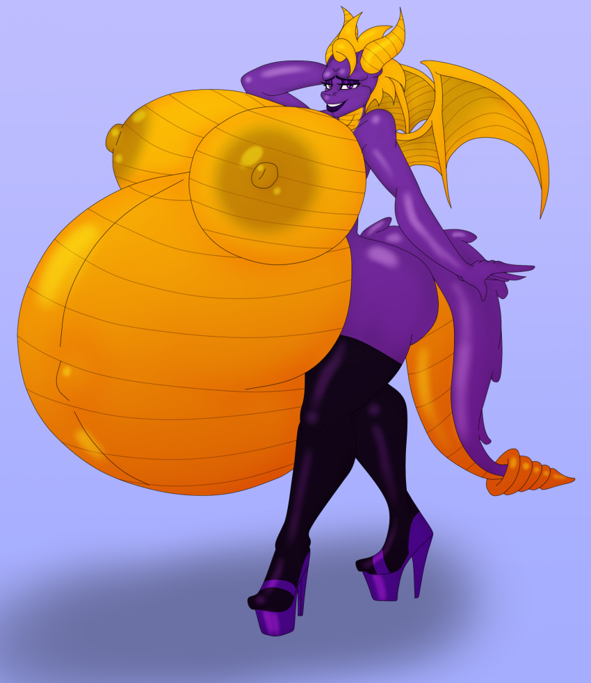 activision anthro belly big_belly big_breasts big_butt big_nipples breasts butt clothed clothing crossgender dragon female footwear hi_res high_heels horn huge_breasts hyper hyper_belly hyper_breasts hyper_pregnancy legwear lips nipples orange_body orange_horn orange_nipples orange_wings platform_footwear platform_heels pregnant pregnant_female purple_body purple_high_heels purple_lips purple_tail shaded silentpassion simple_background solo spyro spyro_the_dragon tail thigh_highs topless topless_female wings