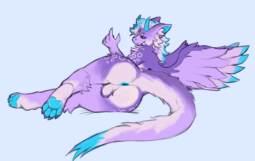 absurd_res acai_(kariacai) anthro anus ball_tuft balls beckoning bedroom_eyes black_sclera blue_anus blue_claws blue_eyes blue_horn blue_paws blue_penis butt butt_heart claws dragon fluffy fluffy_tail fur furred_dragon genitals gesture gradient_fur hair hi_res highlights_(coloring) horn male markings narrowed_eyes penis pink_body pink_fur pompsadoodle presenting presenting_hindquarters purple_body purple_fur purple_wings seductive simple_background solo tail tuft white_body white_fur white_hair white_markings wings