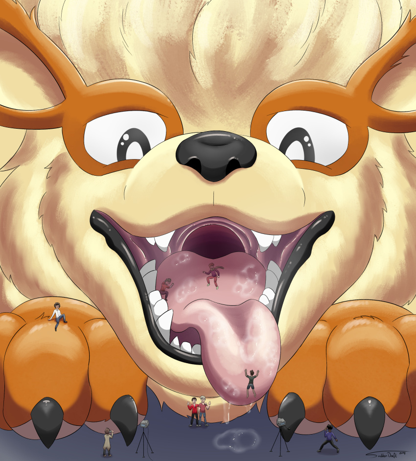 2019 absurd_res ambiguous_gender arcanine bodily_fluids clothed_human digital_media_(artwork) gaping_mouth generation_1_pokemon hi_res human human_prey macro mammal micro_on_tongue nintendo on_tongue open_mouth oral_vore photo_shoot photographer pokemon pokemon_(species) posing_for_picture saliva saliva_on_tongue suddendraft teeth tongue tongue_out vore