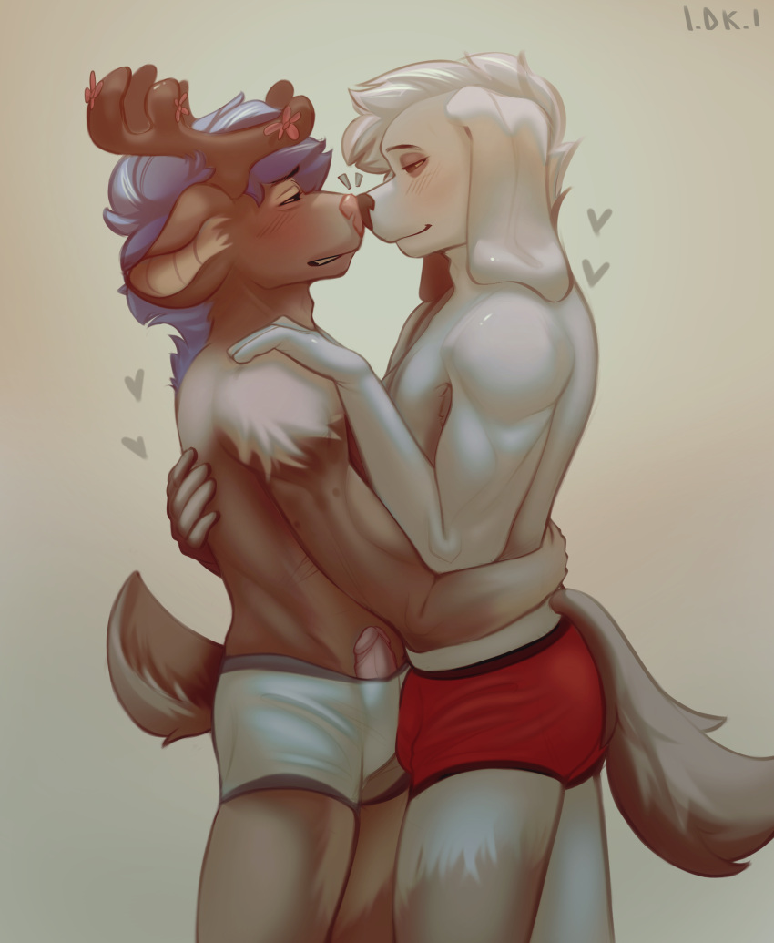 &lt;3 absurd_res anthro aroused bulge bulge_frottage canid canine canis clothing deer domestic_dog dosh(character) duo embarrassed embrace frottage genitals hi_res hug i_dk_i male male/male mammal nose_to_nose penis pink_penis rubbing sex tail underwear