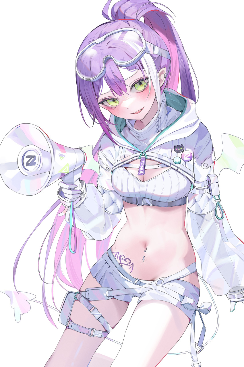 1girl absurdres belt breasts cleavage clothes_pin cropped_legs demon_tail demon_wings double-parted_bangs ear_ornament fang gloves goggles goggles_on_head green_hair highres holding holding_megaphone hololive hooded_shrug light_blush light_frown light_smile long_hair long_sleeves looking_at_viewer medium_breasts megaphone midriff multicolored_hair navel_piercing piercing pink_hair ponytail puffy_long_sleeves puffy_sleeves purple_hair see-through see-through_sleeves short_shorts shorts sidelocks stomach_tattoo tail tank_top tattoo thigh_pouch thigh_strap tokkieee_qian tokoyami_towa tokoyami_towa_(5th_costume) very_long_hair white_background white_belt white_gloves white_hair white_shorts white_shrug white_tank_top wings