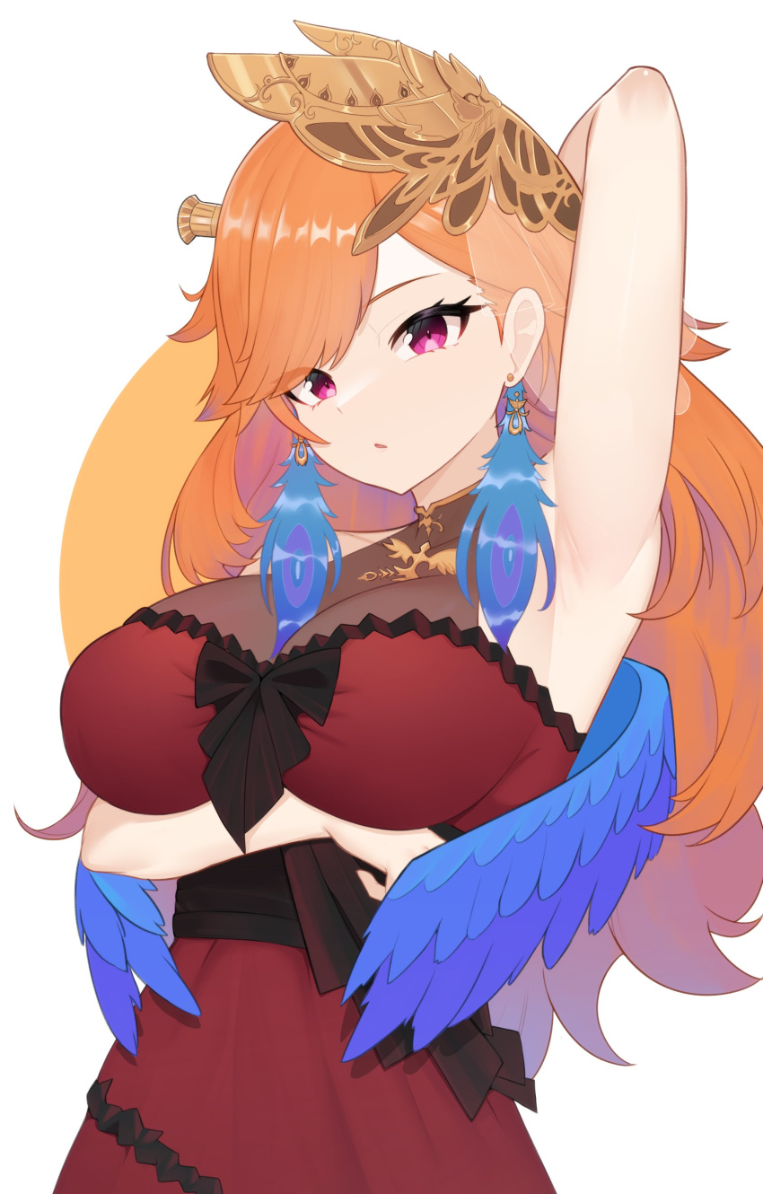 1girl absurdres armpits breasts cleavage covered_collarbone dress earrings embroidered_dress feather_earrings feathers gradient_hair highres hololive hololive_english jewelry long_hair looking_at_viewer moursho multicolored_hair official_alternate_costume orange_hair phoenix_wings purple_eyes red_dress see-through see-through_cleavage solo takanashi_kiara takanashi_kiara_(3rd_costume) virtual_youtuber