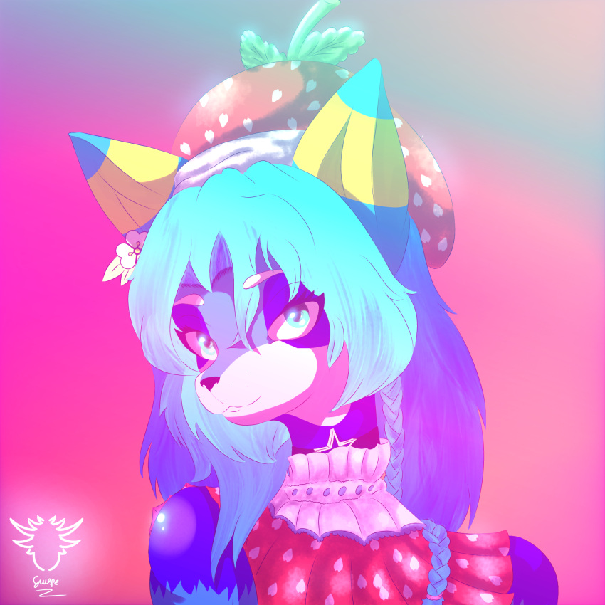 2023 blue_body blue_eyes blue_fur blue_hair canid canine canis clothing colored digital_drawing_(artwork) digital_media_(artwork) food fruit fur girly guispe_(guispe_opockjha) guispe_opockjha hair hat headgear headwear hi_res looking_at_viewer male mammal plant red_clothing red_suit simple_background solo strawberry suit watermark wolf