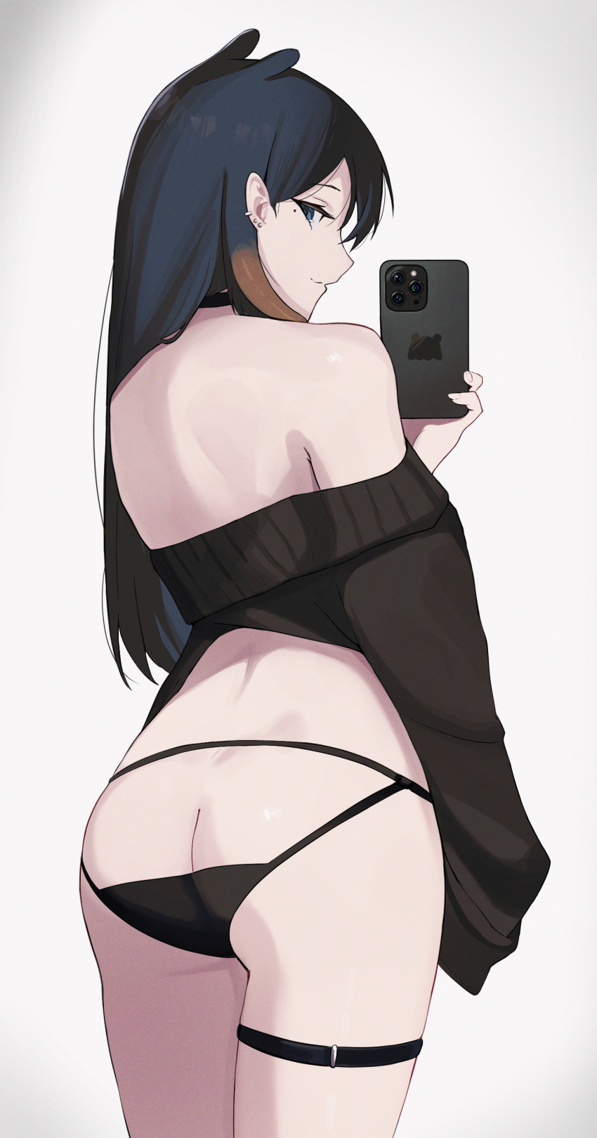 1girl absurdres ass ass_cutout bare_shoulders black_choker black_hair black_panties black_shirt blue_eyes cellphone choker closed_mouth clothing_cutout commentary cowboy_shot ear_piercing earrings from_behind gothic highres holding holding_phone hololive hololive_english jewelry ku_roiko long_hair long_sleeves looking_at_viewer looking_back mole mole_under_eye multicolored_hair ninomae_ina'nis orange_hair panties panty_cutout phone piercing pointy_ears selfie shirt simple_background smartphone solo straight_hair stud_earrings taking_picture takodachi_(ninomae_ina'nis) tentacle_hair thigh_strap two-tone_hair underwear virtual_youtuber white_background
