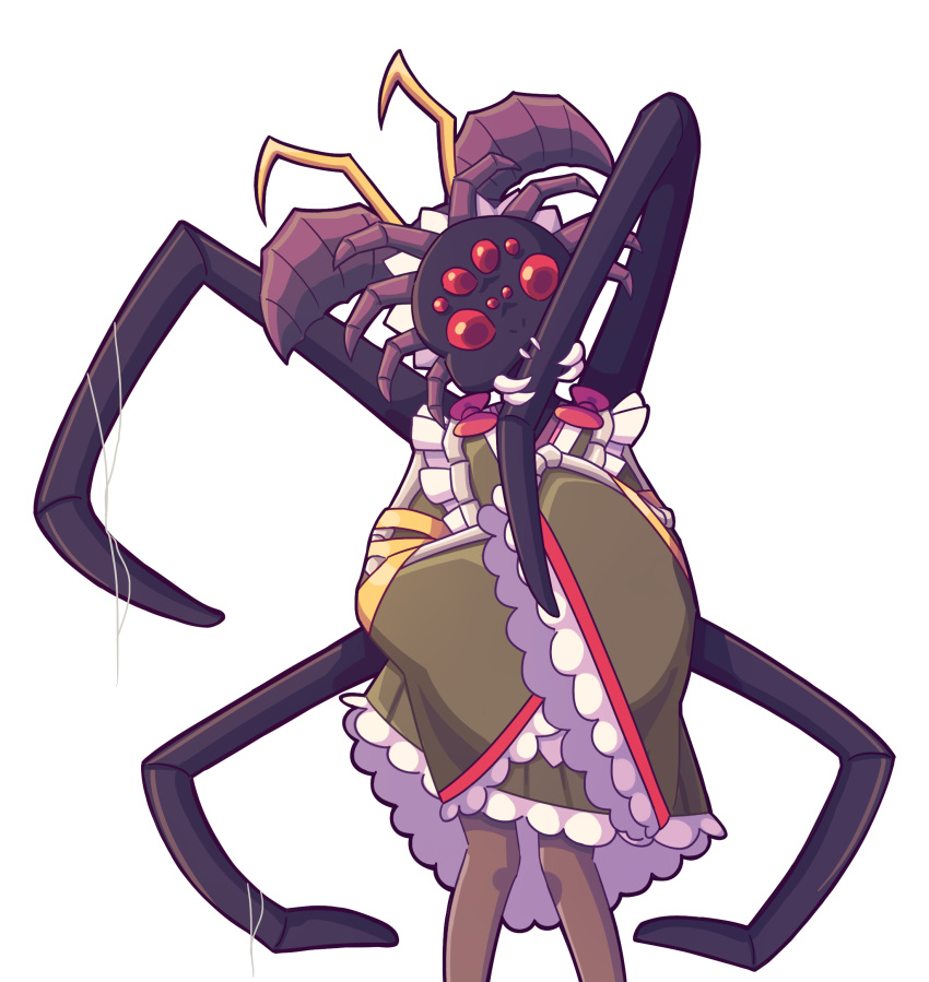 1girl antennae arthropod_girl arthropod_limbs brown_kimono brown_pantyhose cleaning commentary commission daigada english_commentary entoma_vasilissa_zeta extra_legs extra_pupils facing_viewer fangs feet_out_of_frame highres japanese_clothes kimono maid maid_headdress monster_girl overlord_(maruyama) pantyhose pink_ribbon purple_hair red_eyes ribbon short_hair silk simple_background sleeves_past_wrists solo spider_web transparent_background