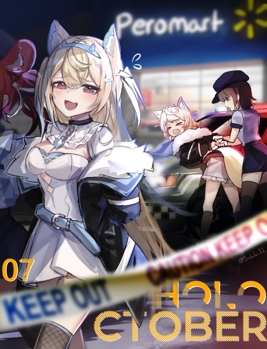 4girls animal_ear_fluff animal_ears arms_behind_back arrest bent_over blonde_hair brand_name_imitation car collar cuffs dog_ears dog_girl flying fur_trim fuwawa_abyssgard hair_ornament hakos_baelz handcuffs hat highres hololive hololive_english jacket long_hair mococo_abyssgard motor_vehicle mouse_ears mouse_girl multicolored_hair multiple_girls oozora_subaru open_mouth pink_eyes pink_hair police police_car police_hat police_uniform policewoman red_hair siblings sisters sobbi11 storefront streaked_hair thighhighs twins uniform virtual_youtuber walmart white_hair