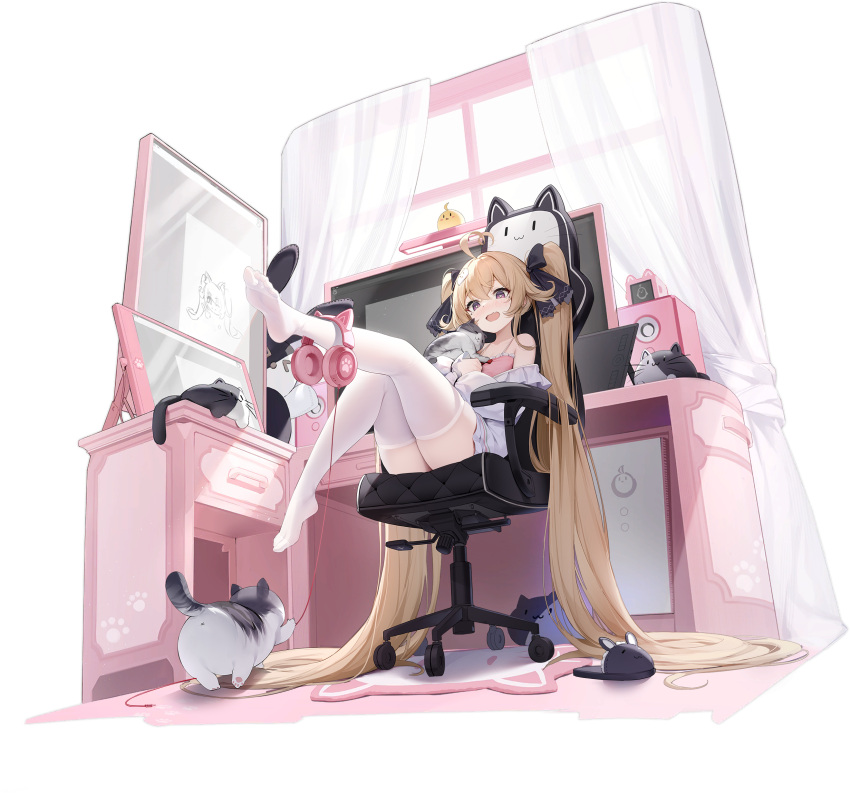 1girl absurdres ahoge animal_ear_headphones animal_ears animal_hands animal_slippers attilio_regolo_(azur_lane) attilio_regolo_(castle_of_inspiration)_(azur_lane) azur_lane bare_shoulders black_ribbon blonde_hair cat cat_ear_headphones cat_paws chair drawing_tablet dress fake_animal_ears frilled_dress frills hair_between_eyes hair_ribbon headphones highres indoors leg_up long_hair long_sleeves manjuu_(azur_lane) monitor multiple_cats non-web_source off_shoulder official_art open_mouth paw_print pink_shirt purple_eyes ribbon shirt sitting sleeveless slippers smile solo speaker table thighhighs twintails very_long_hair white_dress white_thighhighs window zoom_layer