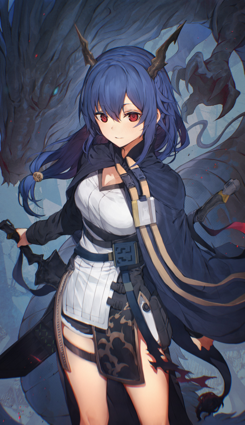 1girl absurdres alternate_costume arknights arm_at_side belt blue_hair blue_jacket breasts ch'en_(arknights) claws cleavage commentary cowboy_shot dragon dragon_girl dragon_horns dragon_tail dress eastern_dragon hand_on_hilt highres horns id_card jacket jacket_on_shoulders long_hair looking_at_viewer medium_breasts multiple_belts red_eyes smile solo sword tail takeno_(hashi_falcon) thigh_strap weapon white_dress