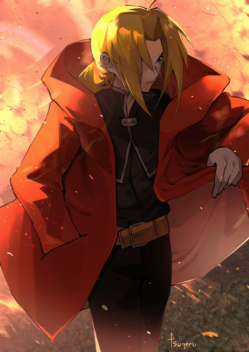 1boy absurdres belt blonde_hair blue_eyes coat edward_elric explosion fullmetal_alchemist highres looking_at_viewer signature solo trench_coat tsugeru