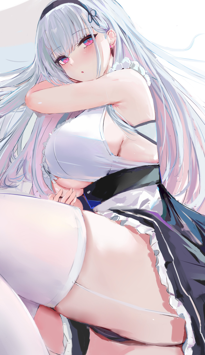 1girl :o absurdres azur_lane black_skirt blush breasts dido_(azur_lane) garter_straps hairband highres large_breasts long_hair looking_at_viewer lshiki lying on_side pink_eyes shirt sidelocks skirt solo thighhighs thighs white_hair white_shirt white_thighhighs