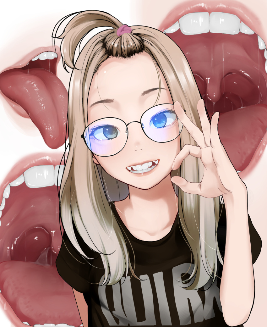 1girl blonde_hair blue_eyes forehead glasses grin highres long_hair looking_at_viewer natsui_tuna open_mouth original smile solo teeth tongue tongue_out