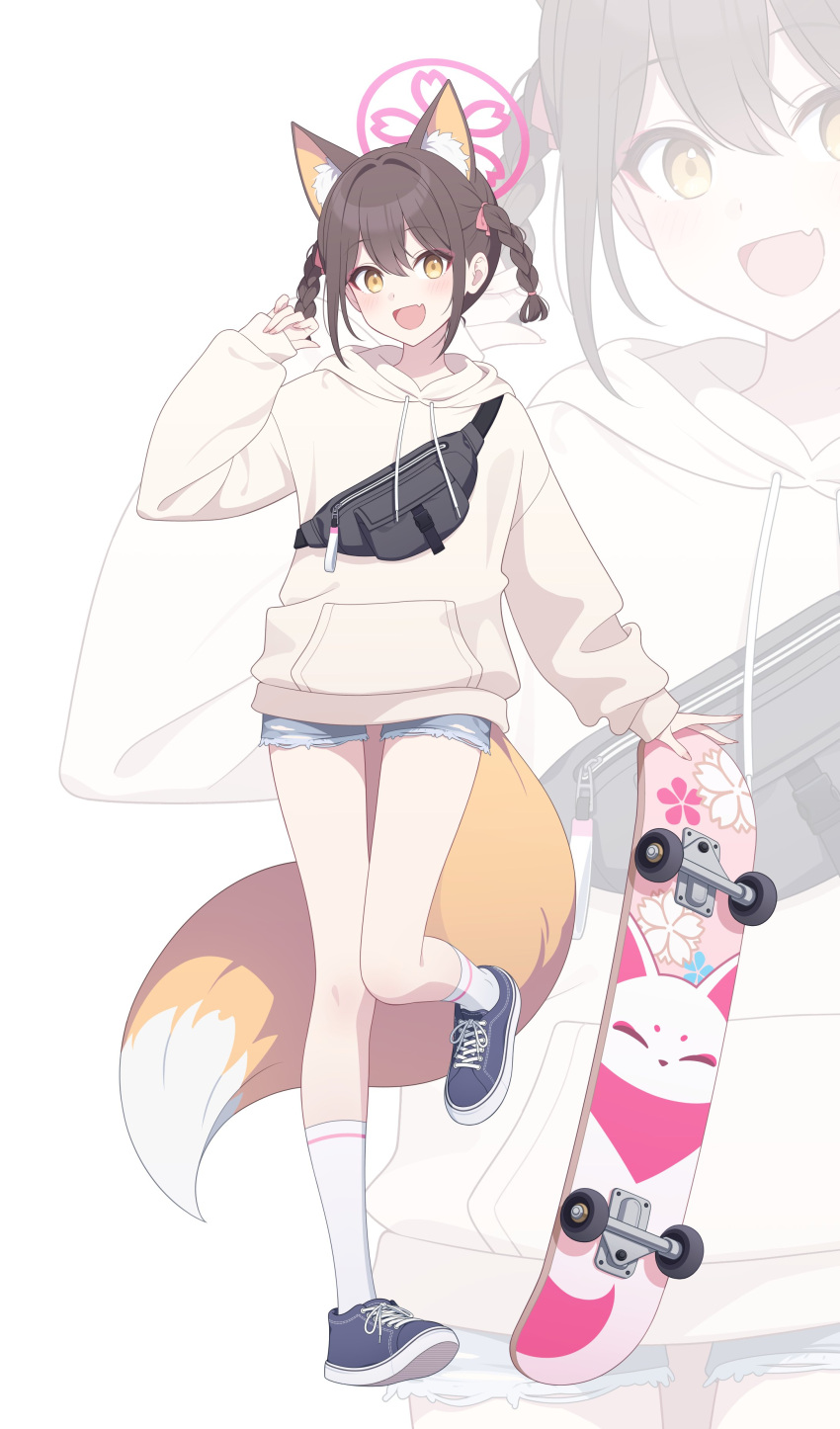 1girl 7peach :d absurdres alternate_costume alternate_hairstyle animal_ears blue_archive blue_shorts braid brown_hair denim denim_shorts fang fox_ears fox_girl fox_tail full_body halo highres izuna_(blue_archive) jacket long_sleeves looking_at_viewer open_mouth pink_halo short_shorts shorts skin_fang smile socks solo standing standing_on_one_leg tail twin_braids white_jacket white_socks yellow_eyes zoom_layer