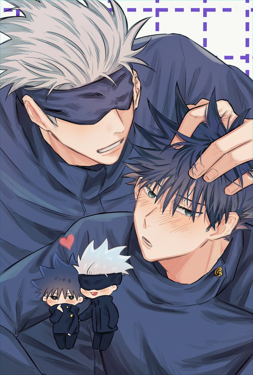 2boys black_blindfold blindfold blue_eyes blush buttons chibi commentary_request fushiguro_megumi fushirun_rung gojou_satoru green_eyes hand_on_another's_head heart highres jacket jujutsu_kaisen long_sleeves looking_at_another male_focus multiple_boys open_mouth parted_lips school_uniform short_hair smile spiked_hair teeth white_hair yaoi