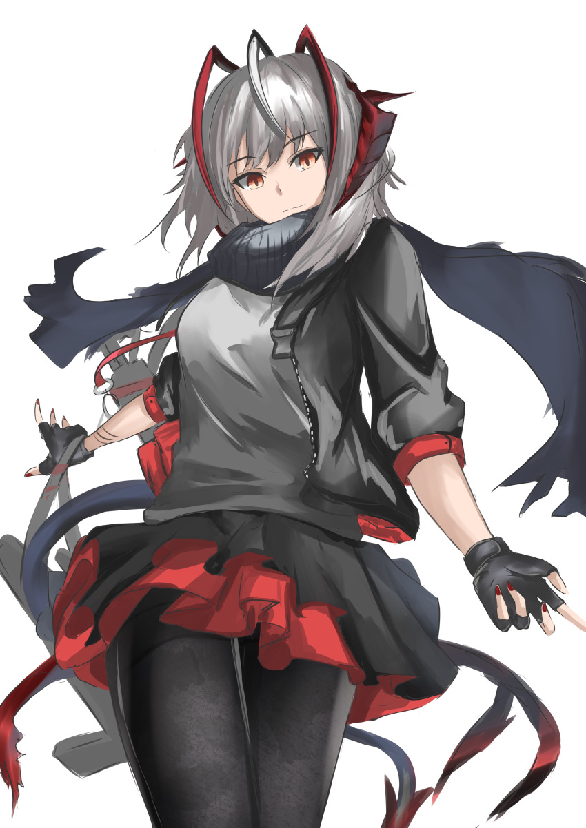 1girl absurdres arknights black_gloves black_jacket black_pantyhose breasts brown_eyes closed_mouth commentary_request fingerless_gloves gloves grey_hair grey_scarf grey_shirt highres jacket medium_breasts nail_polish open_clothes open_jacket pantyhose pleated_skirt red_nails red_skirt scarf shirt shuuka simple_background skirt solo tail w_(arknights) white_background