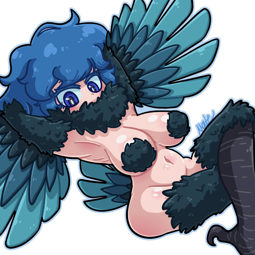 1girl arms_behind_head artist_name bird_legs bird_tail black_feathers black_wings blue_eyes blue_hair breasts crossed_legs feathered_wings feathers harpy highres large_breasts long_hair looking_at_viewer matz0306 monster_girl navel neck_fur nude original sepia_lazely_(matzsocks) simple_background tail tail_feathers talons white_background winged_arms wings