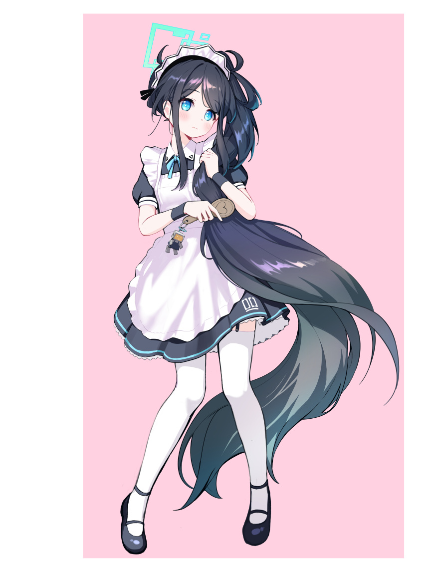 1girl absurdly_long_hair absurdres apron aris_(blue_archive) aris_(maid)_(blue_archive) black_dress black_footwear black_hair black_ribbon black_wristband blue_archive blue_eyes blue_ribbon blush brushing_hair brushing_own_hair closed_mouth collared_dress commentary_request dress eyelashes frilled_apron frills full_body garter_straps hair_brush hair_ornament hair_ribbon halo hand_up heart highres holding holding_hair holding_hair_brush long_hair looking_at_viewer maid maid_apron maid_headdress mary_janes neck_ribbon official_alternate_costume parted_bangs pink_background ponytail puffy_short_sleeves puffy_sleeves ribbon shoes short_sleeves sidelocks simple_background solo standing supersugar swept_bangs thighhighs two-tone_background very_long_hair white_apron white_background white_thighhighs wing_collar wristband