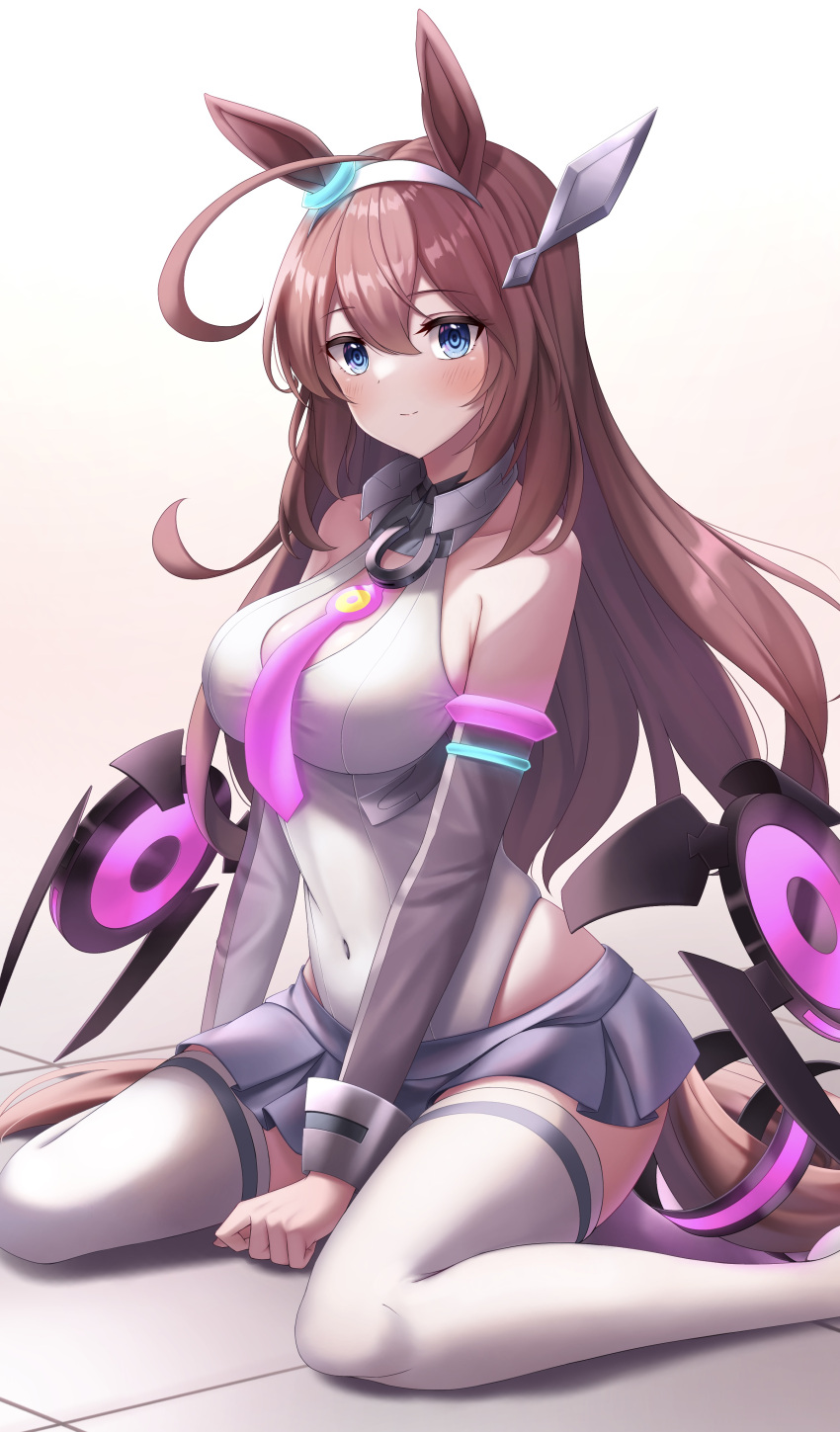 1girl absurdres alan_(210bush) animal_ears blue_eyes blush bodysuit breasts brown_hair grey_hairband hair_ornament hairband highres horse_ears horse_girl horse_tail large_breasts long_hair long_sleeves mihono_bourbon_(umamusume) necktie pink_necktie sitting skirt solo tail thighhighs umamusume wariza white_thighhighs