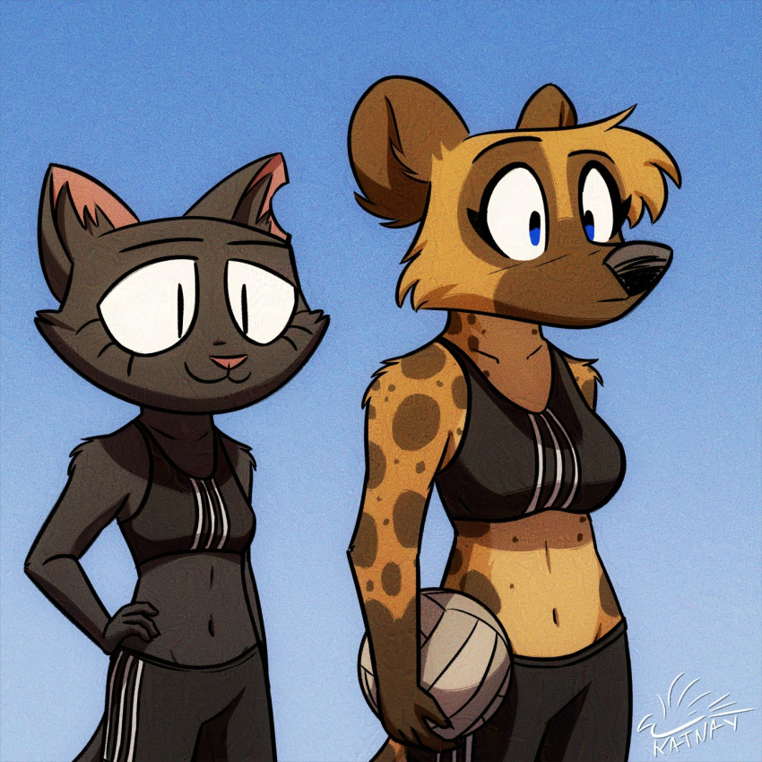 anthro athletic_wear ball big_breasts black_body black_eyes black_fur black_nose blue_eyes bra breast_size_difference breasts brown_body brown_fur cheek_tuft clothed clothing diana_machado domestic_cat duo ear_tuft eyebrows facial_tuft felid feline felis fur gradient_background hi_res hyena katnay lil_chatcendre mammal midriff navel outside pink_nose raised_eyebrow simple_background size_difference sky small_breasts smile sport sports_bra sports_bra_difference_meme tan_body tan_fur tuft underwear volleyball volleyball_(ball) worn_down_children