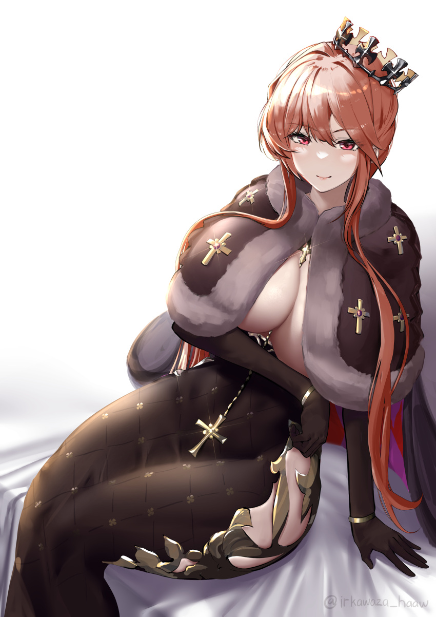 1girl absurdres arm_support arm_under_breasts azur_lane black_cape black_dress black_gloves breasts brown_hair cape cleavage clemenceau_(azur_lane) closed_mouth commentary cross crown dress elbow_gloves fur-trimmed_cape fur_trim glint gloves hair_between_eyes highres hip_vent irkawaza large_breasts long_dress long_hair looking_at_viewer on_bed red_cape red_eyes shadow sidelocks simple_background sitting smile solo tight_clothes tight_dress twitter_username two-sided_cape two-sided_fabric two-tone_cape white_background wristlet