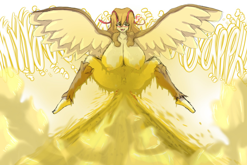 absurd_res anthro big_breasts blush breasts brown_hair fart feces female floofykinkumiho generation_1_pokemon genitals hair hi_res huge_breasts nintendo pidgeot pokemon pokemon_(species) pussy scat scat_pile solo sound_effects wings