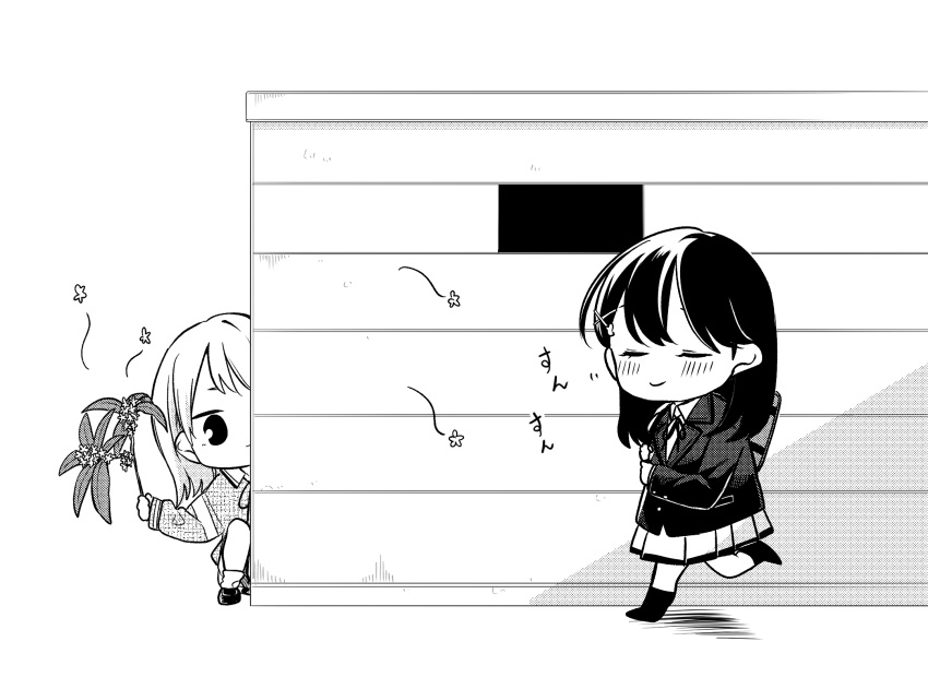 2girls bag baggy_socks blazer blush cardigan chibi closed_eyes closed_mouth collared_shirt commentary dress_shirt greyscale hair_ornament hairclip hiding highres honda_sora jacket kashikaze lonely_girl_ni_sakaraenai long_hair long_sleeves medium_hair monochrome multiple_girls neck_ribbon pleated_skirt ribbon sakurai_ayaka_(lonely_girl_ni_sakaraenai) school_bag school_uniform screentones shirt shoulder_bag skirt squatting walking