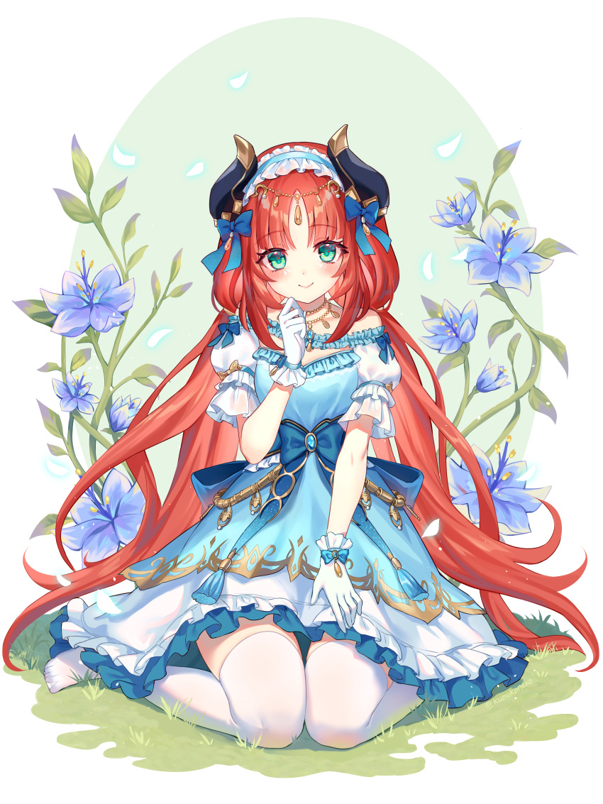 1girl absurdres blue_bow blue_dress blue_flower blue_gemstone bow circlet closed_mouth commentary_request dress fake_horns flower frilled_dress frilled_hairband frills full_body gem genshin_impact gloves green_eyes hair_bow hairband hand_up highres horns lalazyt layered_dress long_hair looking_at_viewer nilou_(genshin_impact) nilou_(gigo)_(genshin_impact) no_shoes off-shoulder_dress off_shoulder official_alternate_costume padisarah_flower puffy_short_sleeves puffy_sleeves red_hair revision short_sleeves sitting smile solo thighhighs very_long_hair wariza white_gloves white_thighhighs