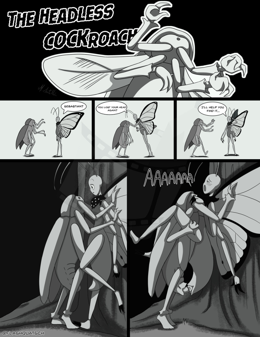 against_surface antennae_(anatomy) anthro arthropod black_and_white blattodea butterfly cloacal cloacal_penetration cockroach comic comic_panel dialogue flashquatsch genitals headless hi_res insect insect_wings lepidopteran lepidopteran_wings male male/male monarch_butterfly monochrome multi_arm multi_limb penetration penis plant rey_(flashquatsch) sebastian_(flashquatsch) speech_bubble tree tuft wings