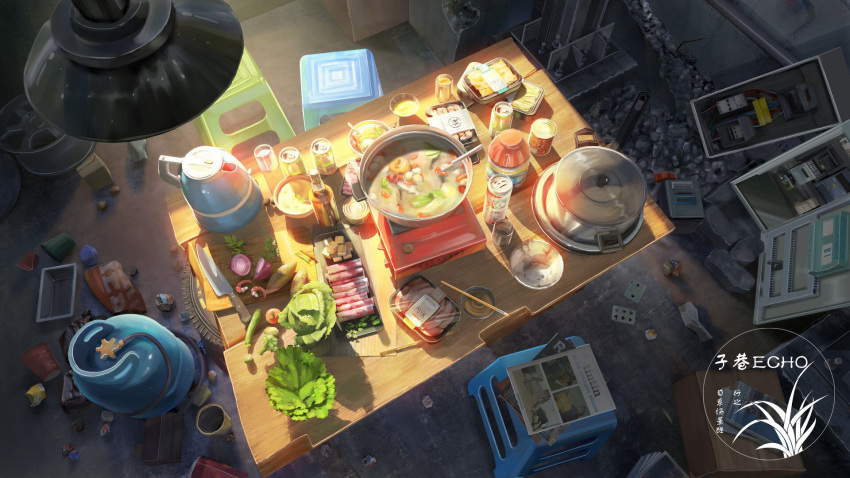 artist_logo can ceiling_light cooking_pot cutting_board food gas_tank highres indoors kettle knife meat no_humans original portable_stove scenery sliced_meat stew stool table vegetable xingzhi_lv