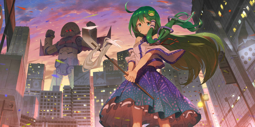1girl ahoge blue_skirt building city cloud detached_sleeves dusk floating_hair frog_hair_ornament gohei green_eyes green_hair hair_ornament hair_tubes highres hisou_tensoku holding holding_gohei kochiya_sanae lamppost long_hair looking_at_viewer mecha non-web_source official_art outdoors red_ribbon ribbon robot second-party_source shirt single_sidelock skirt sky skyscraper sleeveless sleeveless_shirt snake snake_hair_ornament tomioka_jirou touhou touhou_lost_word very_long_hair white_shirt white_sleeves wide_sleeves