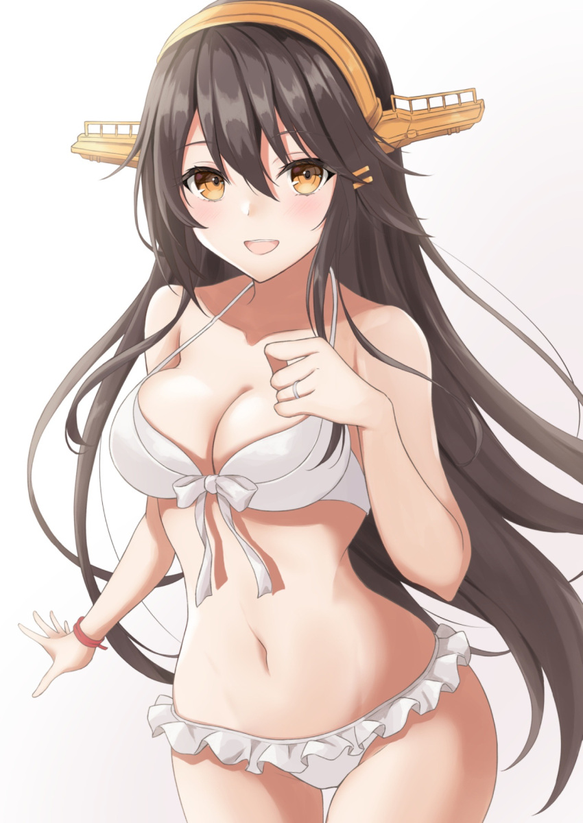 1girl bare_arms bare_legs bare_shoulders bikini black_hair blush breasts cleavage collarbone cowboy_shot gensoukitan hair_between_eyes hair_ornament hairband hairclip haruna_(kancolle) headgear highres jewelry kantai_collection large_breasts long_hair navel open_mouth ring simple_background smile solo swimsuit wedding_ring white_background white_bikini yellow_eyes