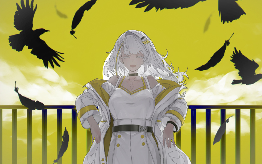 1girl a.i._voice against_railing akiba_(nagusami) asymmetrical_bangs belt bird black_belt black_bracelet black_collar blonde_hair breasts closed_eyes cloud collar commentary_request cowboy_shot crow elbow_rest facing_viewer falling_feathers floating_hair high-waist_skirt highres jacket jacket_partially_removed large_breasts last_resort_(vocaloid) leaning_back long_hair long_sleeves multicolored_clothes multicolored_hair multicolored_jacket off-shoulder_shirt off_shoulder open_clothes open_jacket open_mouth railing shirt single_hair_intake skirt smile solo spaghetti_strap straight-on streaked_hair thick_eyebrows tsunose_kotone two-tone_jacket white_jacket white_shirt white_skirt yellow_background yellow_jacket