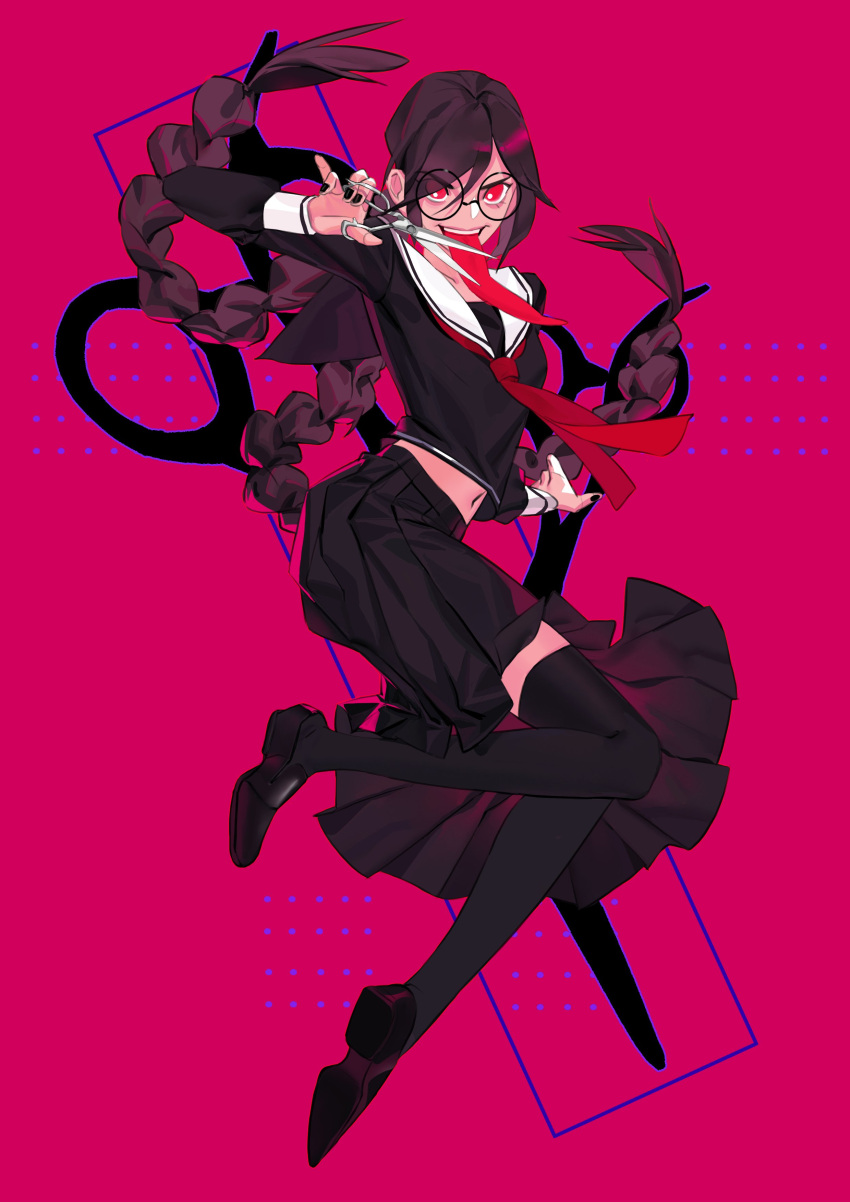 1girl absurdres black_footwear black_nails black_thighhighs braid crazy_smile danganronpa:_trigger_happy_havoc danganronpa_(series) floating floating_clothes floating_hair fukawa_touko full_body genocider_shou glasses highres holding holding_scissors loafers long_hair long_skirt long_sleeves long_tongue looking_at_viewer low_twin_braids low_twintails midriff midriff_peek nail_polish neckerchief over-kneehighs pink_background pleated_skirt purple_hair purple_skirt red_hair red_neckerchief round_eyewear sailor sailor_collar school_uniform scissors serafuku shoes skirt sleeve_cuffs smile solo superhamburgs swept_bangs teeth thighhighs tongue tongue_out twin_braids twintails upper_teeth_only v-shaped_eyebrows very_long_hair