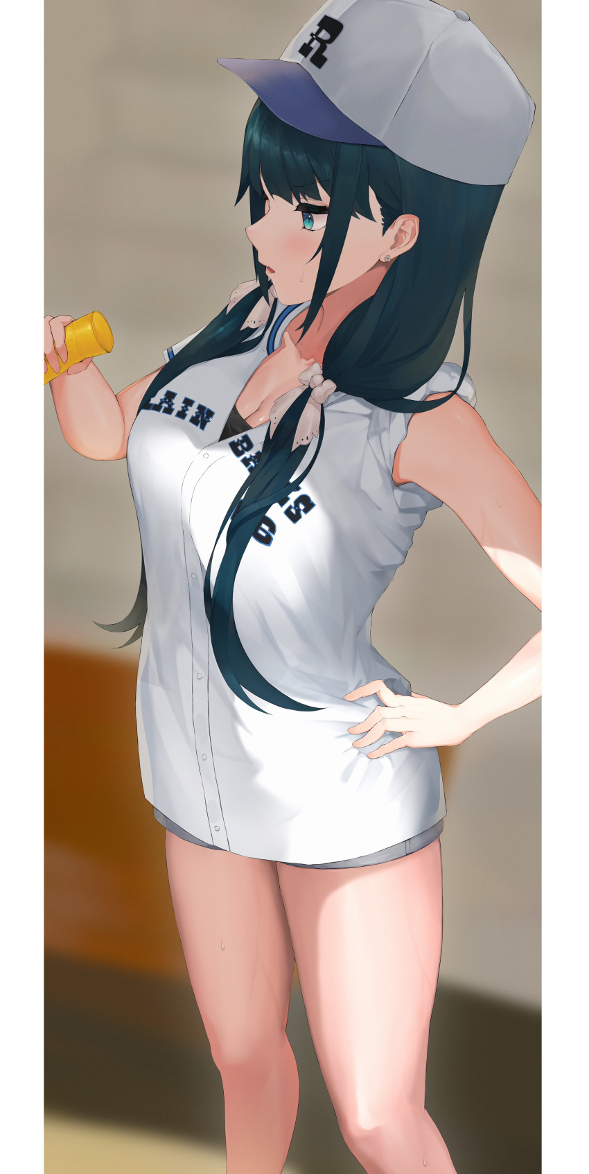 1girl absurdres baseball_cap baseball_uniform black_hair black_undershirt blue_eyes bow breasts cleavage clothes_writing earrings green_hair grey_shorts hair_bow hair_over_one_eye hand_on_own_hip hat highres holding jewelry ko_me_9 large_breasts long_hair low_twintails megaphone nijisanji onomachi_haruka shirt short_shorts short_sleeves shorts sleeves_rolled_up solo sportswear standing sweat sweatdrop thighs twintails virtual_youtuber white_bow white_shirt