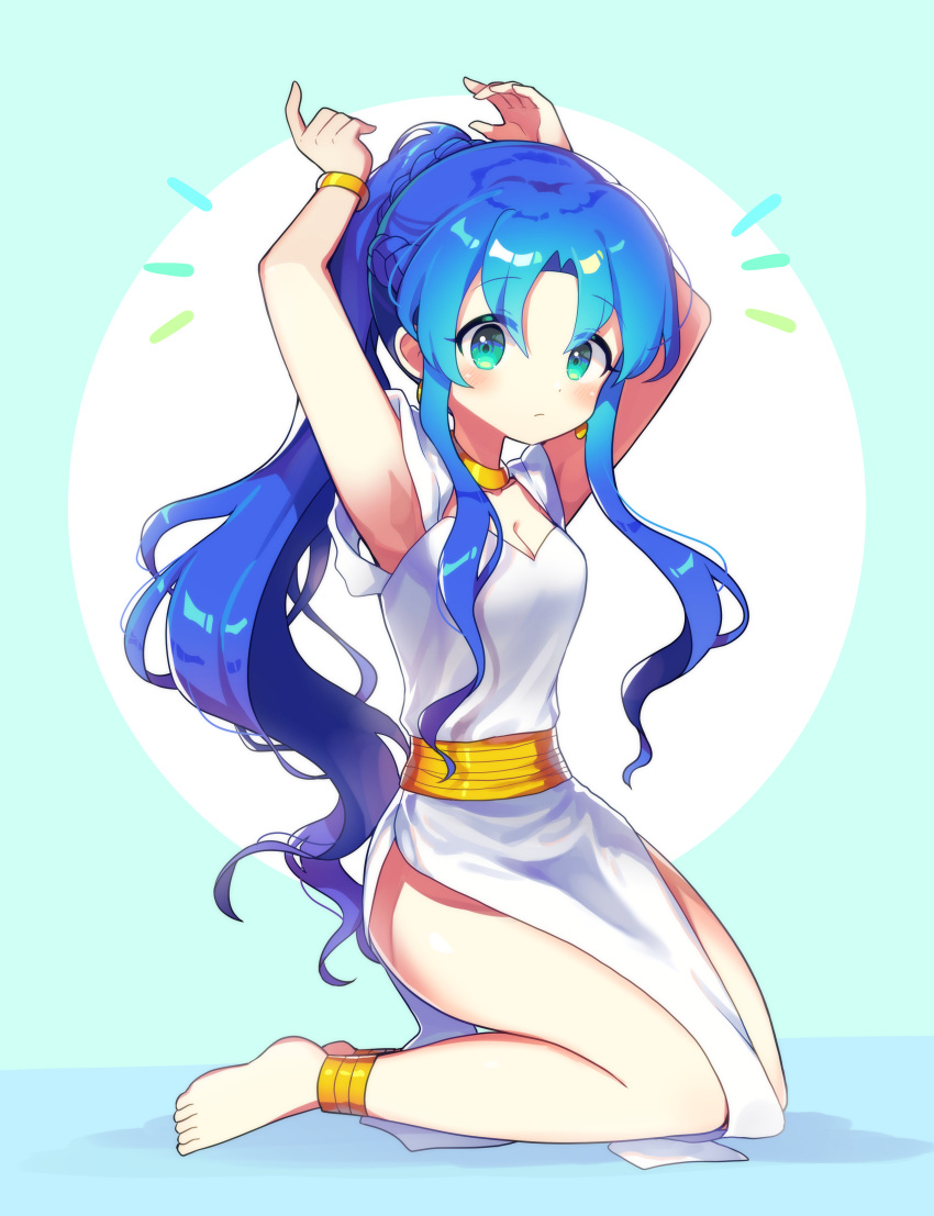 1girl absurdres alternate_hairstyle anklet arms_behind_head arms_up barefoot blue_hair blush breasts cleavage closed_mouth earrings green_eyes highres jewelry long_hair looking_at_viewer medium_breasts offbeat ponytail puyopuyo rulue_(puyopuyo) seiza sitting solo