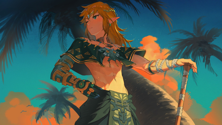 1boy absurdres bishounen blonde_hair charged_set_(zelda) evening hand_on_own_hip highres jiangyiting17 link looking_to_the_side medium_hair navel one_eye_closed palm_tree pointy_ears shade solo stomach the_legend_of_zelda the_legend_of_zelda:_tears_of_the_kingdom tiara tree upper_body