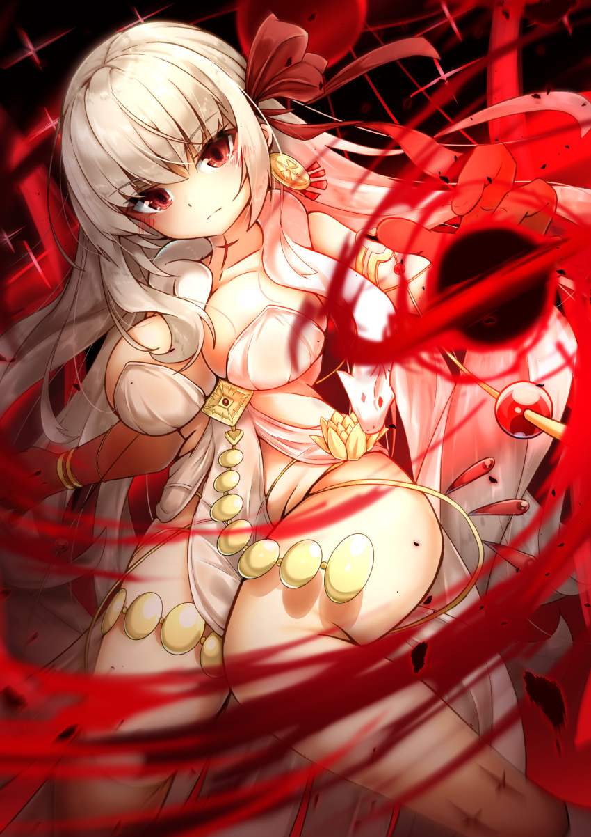 1girl absurdres armlet bare_shoulders belly_chain body_markings bracelet breasts cleavage collarbone colored_skin durga_(fate) earrings energy_ball fate/grand_order fate_(series) gradient_skin grey_hair hair_ribbon highres jewelry large_breasts long_hair looking_at_viewer pelvic_curtain r3_type red_eyes red_skin revealing_clothes ribbon sash snake solo thighs very_long_hair