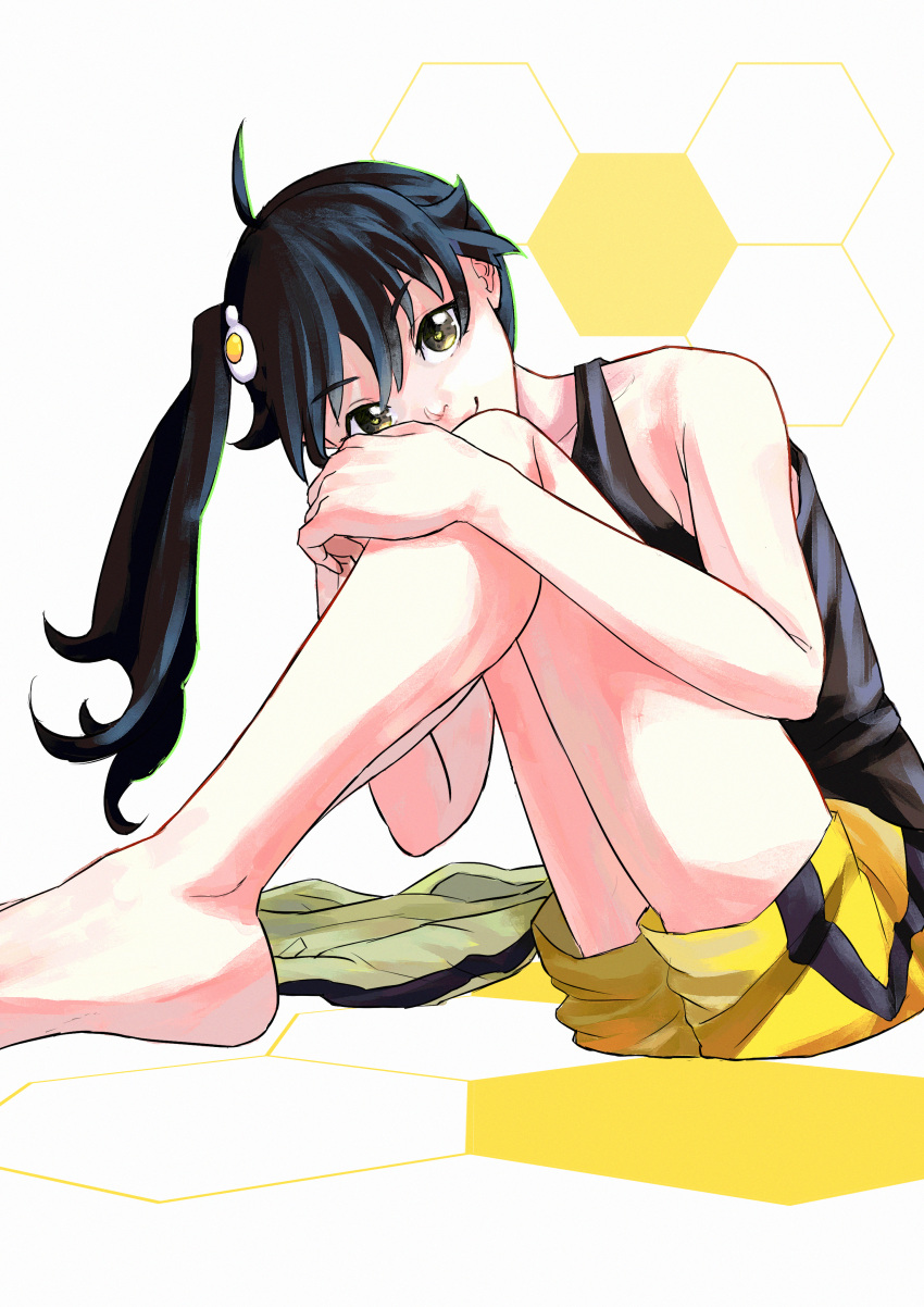 1girl absurdres ahoge alternate_eye_color araragi_karen asymmetrical_hair bare_shoulders barefoot black_hair black_tank_top closed_mouth collarbone commentary egg_hair_ornament food-themed_hair_ornament foreshortening fried_egg from_side hair_ornament highres honeycomb_(pattern) honeycomb_background hugging_own_legs jacket jacket_removed knees_up long_hair looking_at_viewer looking_to_the_side monogatari_(series) on_ground shorts side_ponytail single_vertical_stripe sitting sleeveless smile solo takamiya2222 tank_top track_jacket white_background yellow_eyes yellow_jacket yellow_shorts