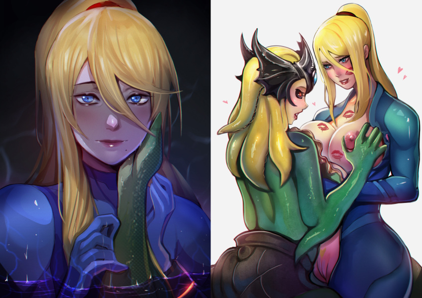 black_sclera blonde_hair blue_eyes breast_grab breasts crack_pairing crack_ship crown duo exposed_breasts female female/female hair hand_on_breast headgear hi_res human humanoid kiss_mark league_of_legends lipstick_on_body lipstick_on_face mammal marine merfolk metroid nami_(lol) nintendo partially_submerged red_eyes riot_games romantic romantic_couple samus_aran size_difference smile split_form unzipped unzipped_bodysuit xuuikie zero_suit zipper