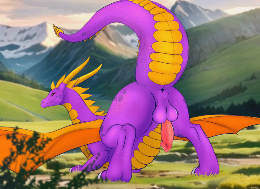 activision animal_genitalia anus balls big_butt butt detailed_background digital_media_(artwork) dragon dragon_ball feral genitals hi_res horn huge_butt looking_back male mountain nneru_em nude outside penis presenting presenting_anus raised_tail smile solo spyro spyro_the_dragon tail wings