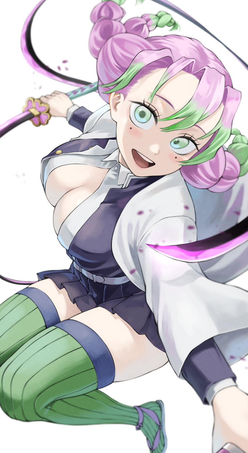 1girl absurdres belt braid breasts cleavage demon_slayer_uniform fengling_(furin-jp) gradient_hair green_eyes green_hair green_thighhighs haori highres japanese_clothes kanroji_mitsuri kimetsu_no_yaiba large_breasts long_hair looking_at_viewer mole mole_under_eye multicolored_hair multiple_braids partially_unbuttoned pink_hair ribbed_legwear ribbed_thighhighs solo thighhighs tri_braids weapon whip_sword white_background white_belt