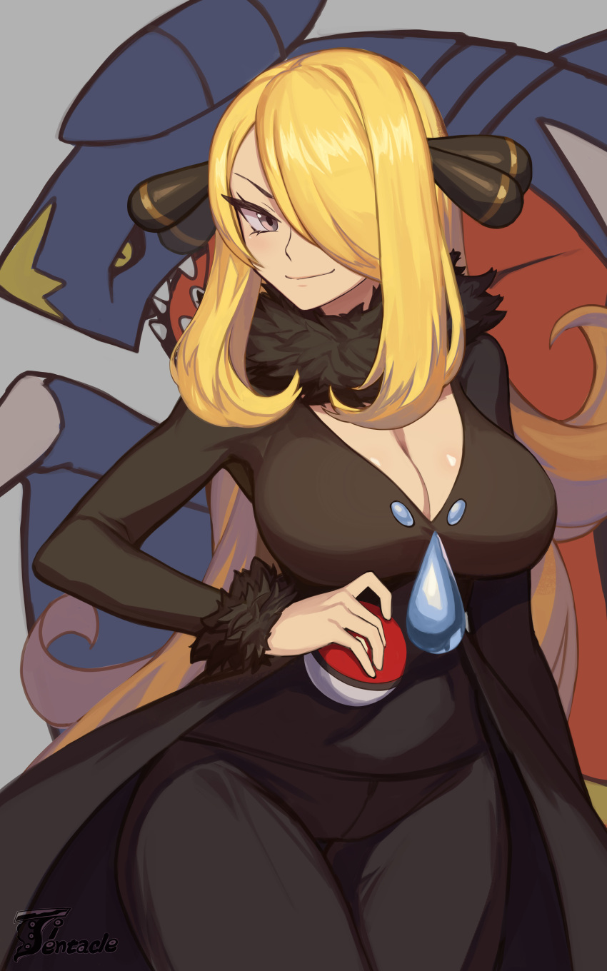 1girl absurdres blonde_hair breasts cleavage closed_mouth cynthia_(pokemon) fur_collar fur_trim garchomp grey_background grey_eyes hair_ornament hair_over_one_eye highres holding holding_poke_ball large_breasts long_hair long_sleeves looking_at_viewer poke_ball poke_ball_(basic) pokemon pokemon_(creature) pokemon_(game) pokemon_dppt sidelocks smile ttt_(titatuem) v-shaped_eyebrows very_long_hair