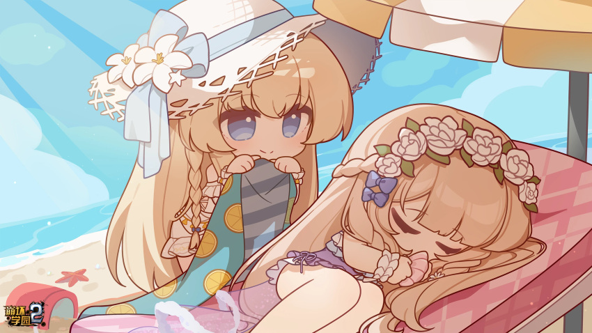 2girls bare_shoulders beach beach_umbrella benghuai_xueyuan blanket blonde_hair blue_eyes blue_sky braid bucket character_request chibi closed_eyes closed_mouth cloud copyright_name day eta feet_out_of_frame hands_up hat highres holding honkai_(series) horizon long_hair lying multiple_girls ocean on_side one-piece_swimsuit outdoors purple_one-piece_swimsuit sand see-through single_braid sky starfish straw_hat sunlight swimsuit umbrella unmoving_pattern very_long_hair white_headwear wrist_cuffs