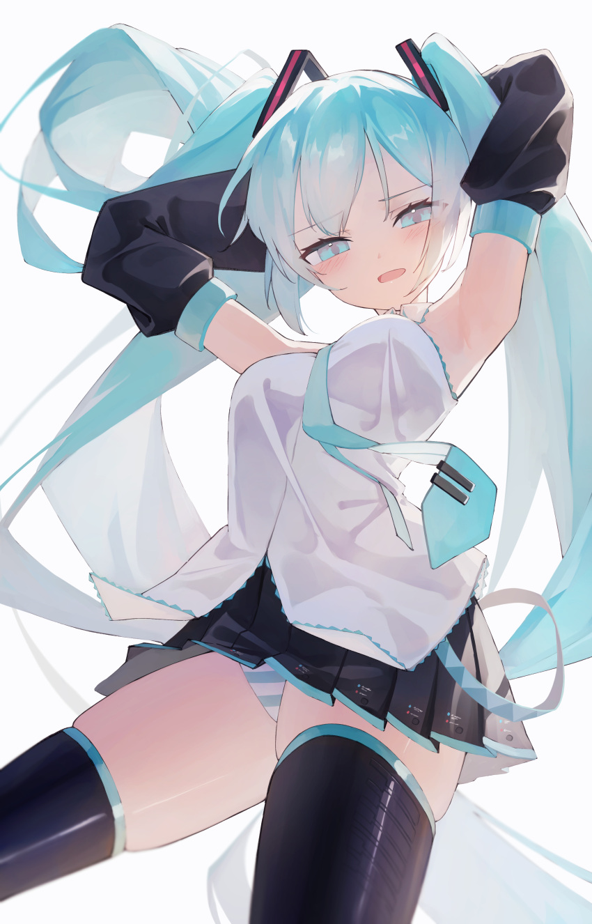 1girl absurdres aqua_eyes aqua_hair aqua_necktie aqua_panties armpits arms_behind_head arms_up black_skirt black_sleeves black_thighhighs breasts collared_shirt commentary cowboy_shot detached_sleeves hair_ornament half-closed_eyes hatsune_miku highres long_hair long_sleeves looking_at_viewer medium_breasts miniskirt necktie open_mouth panties pantyshot pleated_skirt shirt shun'ya_(daisharin36) simple_background skirt sleeveless sleeveless_shirt solo standing striped striped_panties thighhighs twintails two-tone_panties underwear very_long_hair vocaloid white_background white_panties white_shirt