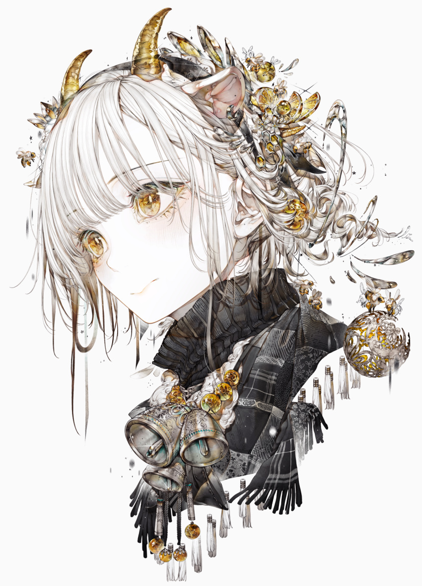 1girl animal_ears bell black_scarf blunt_bangs blush food food-themed_hair_ornament fruit hair_ornament highres hito_komoru horns lemon lemon_hair_ornament lemon_slice original pale_skin portrait scarf short_hair tassel white_background white_hair yellow_eyes