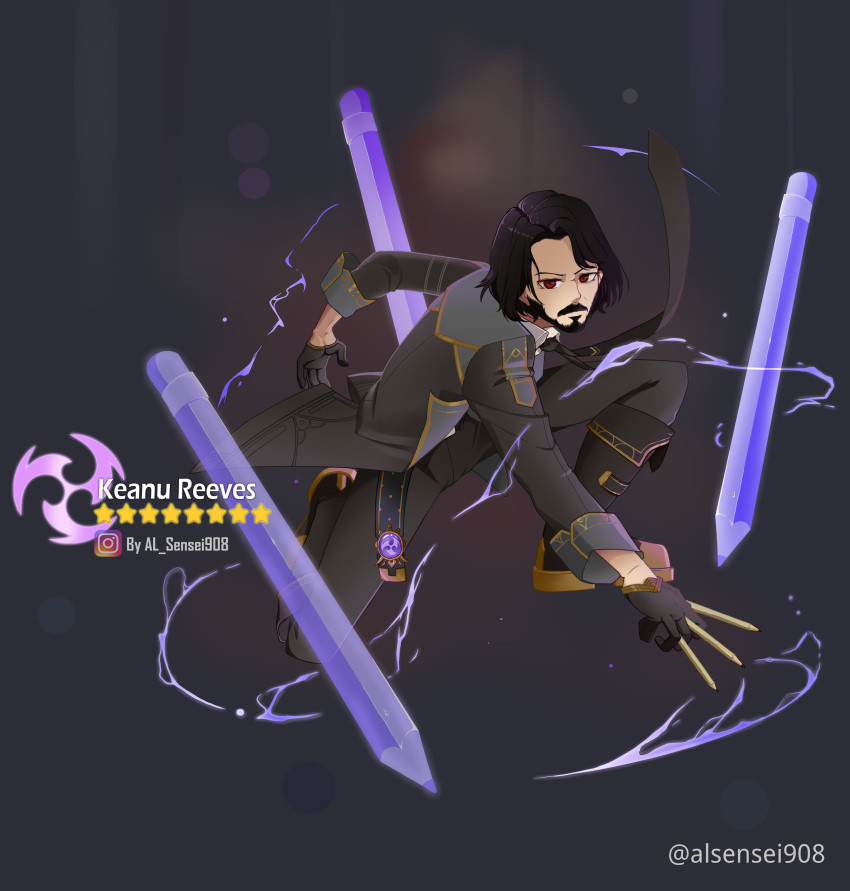 absurdres artist_request beard black_hair brown_eyes character_name crossover electro_symbol_(genshin_impact) facial_hair genshin_impact gloves highres instagram_logo instagram_username john_wick john_wick_(character) keanu_reeves mustache necktie pants pencil real_life short_hair star_(symbol) suit tomoe_(symbol) vision_(genshin_impact)