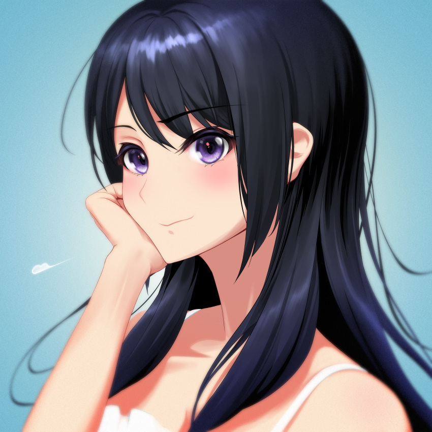 1girl absurdres black_hair blush close-up closed_mouth collarbone commentary_request hand_on_own_cheek hand_on_own_face hibike!_euphonium highres kousaka_reina long_hair natme24 portrait purple_eyes smile solo upper_body