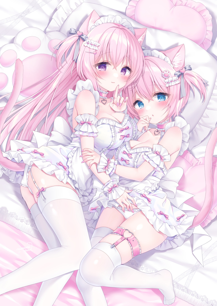 :3 :o animal_ears apron arched_back arm_grab ass blue_bow blue_eyes blush bow breasts cat_ears choker cleavage crossed_bangs dress frills garter_straps hair_between_eyes hair_bow hair_ornament hairpin hand_on_another's_crotch heart highres legwear_garter long_hair looking_at_viewer maid maid_apron maid_headdress medium_breasts momochi_chia on_bed one_side_up original panties pillow pink_bow pink_choker pink_hair sash short_hair skindentation taut_clothes taut_dress thighhighs underwear upskirt white_bow white_dress white_panties white_sash white_thighhighs wrist_cuffs zettai_ryouiki